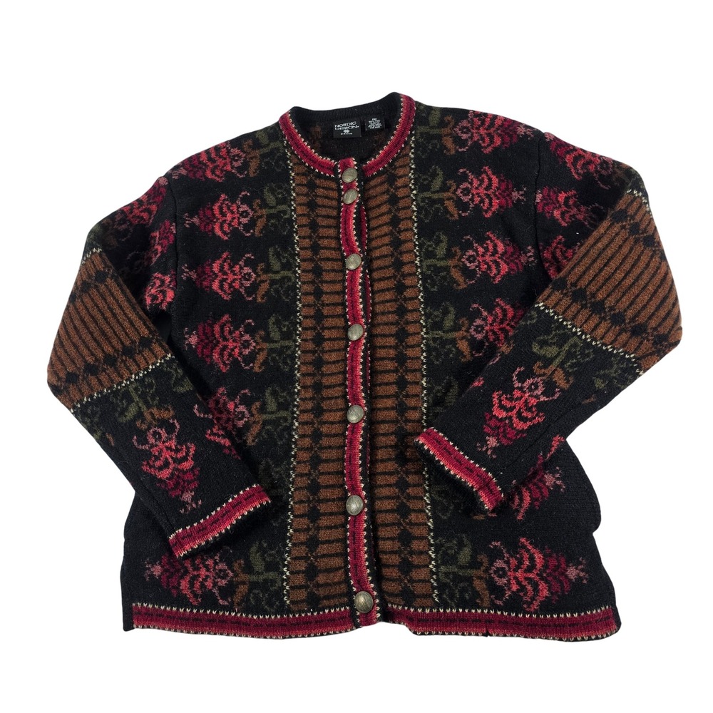 Nordic Design Petite Womens Wool Cardigan Sweater Black Red Floral Fair‎ Isle PM